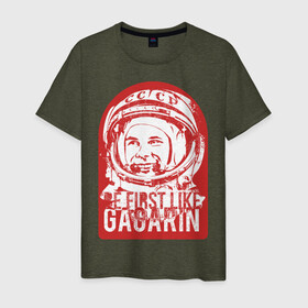 Мужская футболка хлопок с принтом Быть первым как Юрий Гагарин в Екатеринбурге, 100% хлопок | прямой крой, круглый вырез горловины, длина до линии бедер, слегка спущенное плечо. | астронавт | восток1 | гагарин | земля | космонавт | космос | планеты | юрий