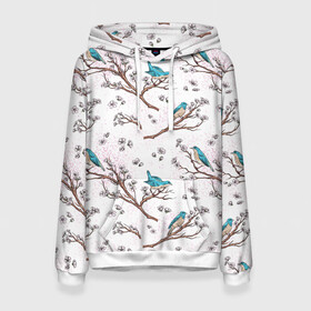 Женская толстовка 3D с принтом Птички весной на ветках Сакуры в Екатеринбурге, 100% полиэстер  | двухслойный капюшон со шнурком для регулировки, мягкие манжеты на рукавах и по низу толстовки, спереди карман-кенгуру с мягким внутренним слоем. | bird | birds | branch | cherry blossom | japan | japanese | pattern | plum | sakura | spring | tree | весна | ветки | вишня | дерево | дрозды | на ветках | паттерн | птица | синий дрозд | слива | узор | ханами | цветение сакуры | япония