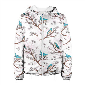 Женская куртка 3D с принтом Птички весной на ветках Сакуры в Екатеринбурге, ткань верха — 100% полиэстер, подклад — флис | прямой крой, подол и капюшон оформлены резинкой с фиксаторами, два кармана без застежек по бокам, один большой потайной карман на груди. Карман на груди застегивается на липучку | bird | birds | branch | cherry blossom | japan | japanese | pattern | plum | sakura | spring | tree | весна | ветки | вишня | дерево | дрозды | на ветках | паттерн | птица | синий дрозд | слива | узор | ханами | цветение сакуры | япония