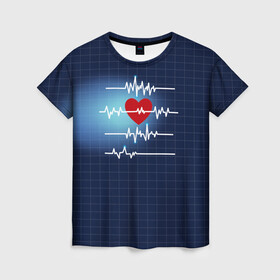 Женская футболка 3D с принтом Ритм Сердца в Екатеринбурге, 100% полиэфир ( синтетическое хлопкоподобное полотно) | прямой крой, круглый вырез горловины, длина до линии бедер | heart | love | врачу | доктору | кардиолог | медбрат | медику | медицина | медсестра | подарок | пульс | сердце | скорая помощь