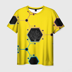 Мужская футболка 3D с принтом Cyborg Q в Екатеринбурге, 100% полиэфир | прямой крой, круглый вырез горловины, длина до линии бедер | chip | geometry | дерево | киборг | нейросеть | схема