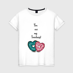 Женская футболка хлопок с принтом Пончики сердце в Екатеринбурге, 100% хлопок | прямой крой, круглый вырез горловины, длина до линии бедер, слегка спущенное плечо | глазурь | десерт | надпись | пончики | сердце | сладость