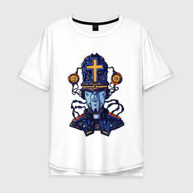 Мужская футболка хлопок Oversize с принтом Пастыри андроид в Екатеринбурге, 100% хлопок | свободный крой, круглый ворот, “спинка” длиннее передней части | андроид | крест | меха | пастырь | робо | священник | стимпанк