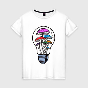 Женская футболка хлопок с принтом Грибы в лампочке в Екатеринбурге, 100% хлопок | прямой крой, круглый вырез горловины, длина до линии бедер, слегка спущенное плечо | грибы | лампочка | мухоморы | патрон | поганки