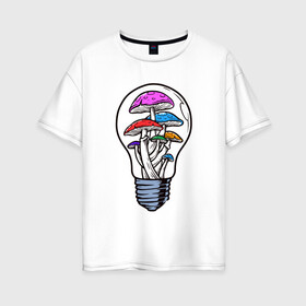 Женская футболка хлопок Oversize с принтом Грибы в лампочке в Екатеринбурге, 100% хлопок | свободный крой, круглый ворот, спущенный рукав, длина до линии бедер
 | грибы | лампочка | мухоморы | патрон | поганки