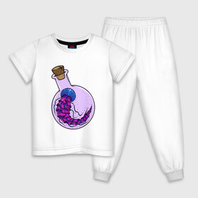 Детская пижама хлопок с принтом Лабораторная медуза в Екатеринбурге, 100% хлопок |  брюки и футболка прямого кроя, без карманов, на брюках мягкая резинка на поясе и по низу штанин
 | колба | лабораторная | медуза | пробирка | тропическая | щупальце