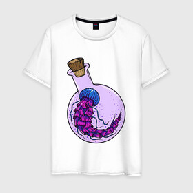 Мужская футболка хлопок с принтом Лабораторная медуза в Екатеринбурге, 100% хлопок | прямой крой, круглый вырез горловины, длина до линии бедер, слегка спущенное плечо. | колба | лабораторная | медуза | пробирка | тропическая | щупальце