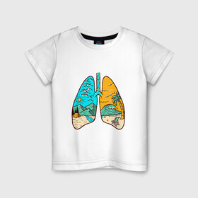 Детская футболка хлопок с принтом Дыхание свободы в Екатеринбурге, 100% хлопок | круглый вырез горловины, полуприлегающий силуэт, длина до линии бедер | горы | дыхание | легкие | море | небо | облака | палатка | пальма | туризм