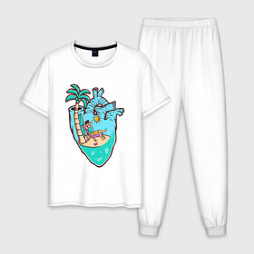 Мужская пижама хлопок с принтом Лето в сердце в Екатеринбурге, 100% хлопок | брюки и футболка прямого кроя, без карманов, на брюках мягкая резинка на поясе и по низу штанин
 | лето | отдых | пальма | пляж | сердце | серфинг | солнце