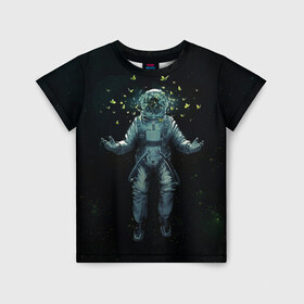 Детская футболка 3D с принтом Космонавт и бабочки в Екатеринбурге, 100% гипоаллергенный полиэфир | прямой крой, круглый вырез горловины, длина до линии бедер, чуть спущенное плечо, ткань немного тянется | бабочки | космонавт | космонавтика | космос | скафандр