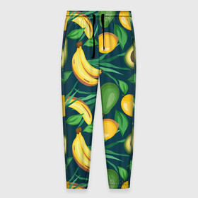 Мужские брюки 3D с принтом Фрукты в Екатеринбурге, 100% полиэстер | манжеты по низу, эластичный пояс регулируется шнурком, по бокам два кармана без застежек, внутренняя часть кармана из мелкой сетки | Тематика изображения на принте: avokado | авокадо | бананы | лимоны | фрукты