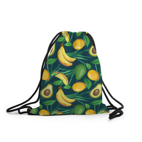 Рюкзак-мешок 3D с принтом Фрукты в Екатеринбурге, 100% полиэстер | плотность ткани — 200 г/м2, размер — 35 х 45 см; лямки — толстые шнурки, застежка на шнуровке, без карманов и подкладки | Тематика изображения на принте: avokado | авокадо | бананы | лимоны | фрукты