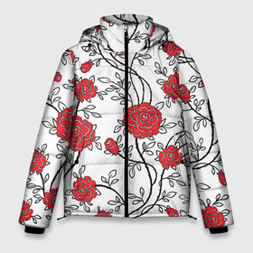 Мужская зимняя куртка 3D с принтом Куст роз в Екатеринбурге, верх — 100% полиэстер; подкладка — 100% полиэстер; утеплитель — 100% полиэстер | длина ниже бедра, свободный силуэт Оверсайз. Есть воротник-стойка, отстегивающийся капюшон и ветрозащитная планка. 

Боковые карманы с листочкой на кнопках и внутренний карман на молнии. | Тематика изображения на принте: арт | красные цветы | красный цветок | куст | куст роз | кусты | листок | листья | поле | поле цветов | рисунок | роза | розы | цветок | цветы | шип | шипы