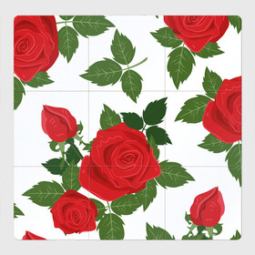 Магнитный плакат 3Х3 с принтом Большие розы в Екатеринбурге, Полимерный материал с магнитным слоем | 9 деталей размером 9*9 см | Тематика изображения на принте: арт | белый | большие бутоны | большие розы | большой бутон | зелёный | красная роза | красные розы | красные цветы | красный | красный цветок | листок | листья | поле | поле цветов | рисунок | роза