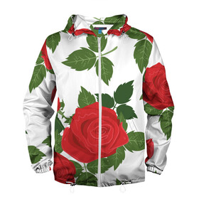 Мужская ветровка 3D с принтом Большие розы в Екатеринбурге, 100% полиэстер | подол и капюшон оформлены резинкой с фиксаторами, два кармана без застежек по бокам, один потайной карман на груди | Тематика изображения на принте: арт | белый | большие бутоны | большие розы | большой бутон | зелёный | красная роза | красные розы | красные цветы | красный | красный цветок | листок | листья | поле | поле цветов | рисунок | роза