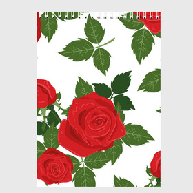 Скетчбук с принтом Большие розы в Екатеринбурге, 100% бумага
 | 48 листов, плотность листов — 100 г/м2, плотность картонной обложки — 250 г/м2. Листы скреплены сверху удобной пружинной спиралью | арт | белый | большие бутоны | большие розы | большой бутон | зелёный | красная роза | красные розы | красные цветы | красный | красный цветок | листок | листья | поле | поле цветов | рисунок | роза