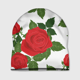 Шапка 3D с принтом Большие розы в Екатеринбурге, 100% полиэстер | универсальный размер, печать по всей поверхности изделия | арт | белый | большие бутоны | большие розы | большой бутон | зелёный | красная роза | красные розы | красные цветы | красный | красный цветок | листок | листья | поле | поле цветов | рисунок | роза