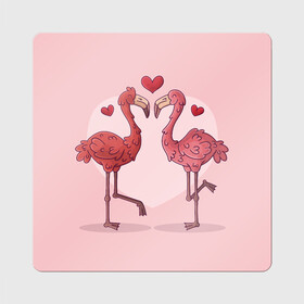 Магнит виниловый Квадрат с принтом Влюбленные Фламинго в Екатеринбурге, полимерный материал с магнитным слоем | размер 9*9 см, закругленные углы | Тематика изображения на принте: love | любовь | птицы | сердца | фламинго