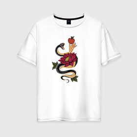 Женская футболка хлопок Oversize с принтом Адамово яблоко и змея в Екатеринбурге, 100% хлопок | свободный крой, круглый ворот, спущенный рукав, длина до линии бедер
 | яблоко змея рука цветок адамово яблоко змей зло.