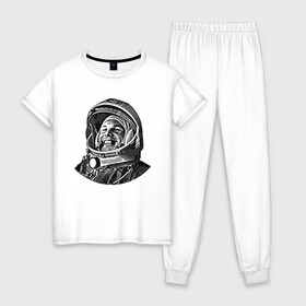 Женская пижама хлопок с принтом Поехали Ю.Г. в Екатеринбурге, 100% хлопок | брюки и футболка прямого кроя, без карманов, на брюках мягкая резинка на поясе и по низу штанин | moon | арт | гагарин | день космонавтики | звезды | космонавт | космос | лого | луна | небо | планеты