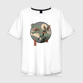 Мужская футболка хлопок Oversize с принтом Самурай на тирексе в Екатеринбурге, 100% хлопок | свободный крой, круглый ворот, “спинка” длиннее передней части | самурай аниме динозавр  тирекстиронозавр китай япония мечь  война