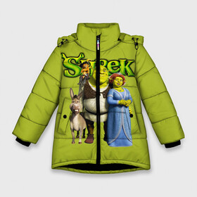 Зимняя куртка для девочек 3D с принтом Шрек/Shrek в Екатеринбурге, ткань верха — 100% полиэстер; подклад — 100% полиэстер, утеплитель — 100% полиэстер. | длина ниже бедра, удлиненная спинка, воротник стойка и отстегивающийся капюшон. Есть боковые карманы с листочкой на кнопках, утяжки по низу изделия и внутренний карман на молнии. 

Предусмотрены светоотражающий принт на спинке, радужный светоотражающий элемент на пуллере молнии и на резинке для утяжки. | cartoon | fiona | shrek | болото | детям | комедия | кот в сапогах | мультик | огр | осел | персонажи мультфильмов | тролль | фиона | шрек