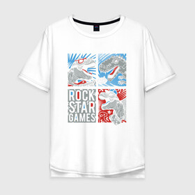 Мужская футболка хлопок Oversize с принтом Rock Star Dino Динозавр геймер в Екатеринбурге, 100% хлопок | свободный крой, круглый ворот, “спинка” длиннее передней части | dino | games | roar | rock | rock star | t rex | дино | динозавр | динозавры | рок | рокер