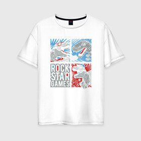 Женская футболка хлопок Oversize с принтом Rock Star Dino Динозавр геймер в Екатеринбурге, 100% хлопок | свободный крой, круглый ворот, спущенный рукав, длина до линии бедер
 | dino | games | roar | rock | rock star | t rex | дино | динозавр | динозавры | рок | рокер