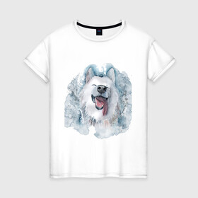 Женская футболка хлопок с принтом Самоед в Екатеринбурге, 100% хлопок | прямой крой, круглый вырез горловины, длина до линии бедер, слегка спущенное плечо | животные | лайка | питомцы | самоед | самоедская лайка | собака | собаки
