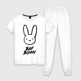 Женская пижама хлопок с принтом Bad Bunny лого в Екатеринбурге, 100% хлопок | брюки и футболка прямого кроя, без карманов, на брюках мягкая резинка на поясе и по низу штанин | bad bunny | benito antonio martnez ocasio | hip hop | latin trap | logo | music | rap | rnb | singer | star | бенито антонио мартинес окасио | звезда | латинский трэп | логотип | музыка | певец | рнб | рэп | хип хоп
