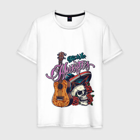 Мужская футболка хлопок с принтом Мексиканские напевы в Екатеринбурге, 100% хлопок | прямой крой, круглый вырез горловины, длина до линии бедер, слегка спущенное плечо. | гитара | мексика | надпись | розы | сомбреро | череп | этно