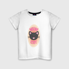 Детская футболка хлопок с принтом Котик в Екатеринбурге, 100% хлопок | круглый вырез горловины, полуприлегающий силуэт, длина до линии бедер | кот | котик | мяу | принт | принт с кошкой | розовый | цвет