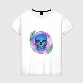 Женская футболка хлопок с принтом Акварель в Екатеринбурге, 100% хлопок | прямой крой, круглый вырез горловины, длина до линии бедер, слегка спущенное плечо | акварель | краски | принт | растения | цветы | череп
