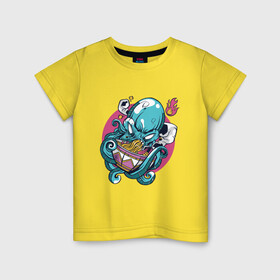 Детская футболка хлопок с принтом Anime Octopus eating Ramen в Екатеринбурге, 100% хлопок | круглый вырез горловины, полуприлегающий силуэт, длина до линии бедер | anime | cook | fish | food | japan | kanji | kraken | manga | octopus | ramen | волны | еда | кандзи | катакана | кок | лапша | море | надписи | океан | осьминог | палочки | повар | рыба | символы | хирагана | япония | японские иероглифы