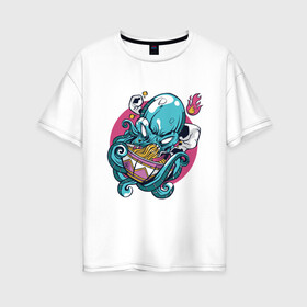 Женская футболка хлопок Oversize с принтом Anime Octopus eating Ramen в Екатеринбурге, 100% хлопок | свободный крой, круглый ворот, спущенный рукав, длина до линии бедер
 | anime | cook | fish | food | japan | kanji | kraken | manga | octopus | ramen | волны | еда | кандзи | катакана | кок | лапша | море | надписи | океан | осьминог | палочки | повар | рыба | символы | хирагана | япония | японские иероглифы