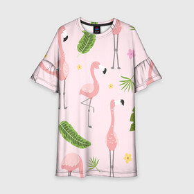 Детское платье 3D с принтом Фламинго в Екатеринбурге, 100% полиэстер | прямой силуэт, чуть расширенный к низу. Круглая горловина, на рукавах — воланы | Тематика изображения на принте: pink flamingo | листья | птицы | фламинго | цветы