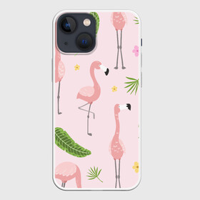 Чехол для iPhone 13 mini с принтом Фламинго в Екатеринбурге,  |  | pink flamingo | листья | птицы | фламинго | цветы