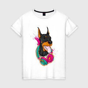 Женская футболка хлопок с принтом Доберман меломан в Екатеринбурге, 100% хлопок | прямой крой, круглый вырез горловины, длина до линии бедер, слегка спущенное плечо | доберман | животное | меломан | музыка | наушники | собака | хипстер