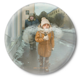 Значок с принтом Паровоз3D в Екатеринбурге,  металл | круглая форма, металлическая застежка в виде булавки | Тематика изображения на принте: вэйп | девочка | дед | дом | екатеринбург | екб | зима | небо | пар | улица