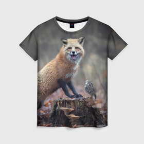 Женская футболка 3D с принтом Лисица и птичка в Екатеринбурге, 100% полиэфир ( синтетическое хлопкоподобное полотно) | прямой крой, круглый вырез горловины, длина до линии бедер | fox | foxy | животное | звери | лиса | лисенок | лисичка | милая | рыжая | фокс