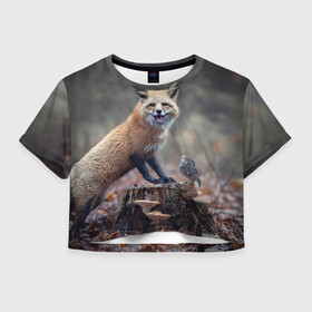 Женская футболка Crop-top 3D с принтом Лисица и птичка в Екатеринбурге, 100% полиэстер | круглая горловина, длина футболки до линии талии, рукава с отворотами | fox | foxy | животное | звери | лиса | лисенок | лисичка | милая | рыжая | фокс