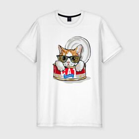 Мужская футболка хлопок Slim с принтом Кот в консервной банке в Екатеринбурге, 92% хлопок, 8% лайкра | приталенный силуэт, круглый вырез ворота, длина до линии бедра, короткий рукав | can | cat | cats | cute | funny | kitten | kitty | meow | open | pet | в консервной банке | консервная банка | консервы | кот | котик | коты | кошка | кошки
