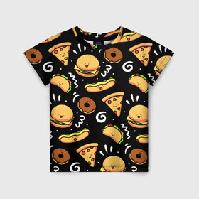 Детская футболка 3D с принтом Фастфуд в Екатеринбурге, 100% гипоаллергенный полиэфир | прямой крой, круглый вырез горловины, длина до линии бедер, чуть спущенное плечо, ткань немного тянется | burger | cheese | donut | food | hot dog | pizza | sandwich | бургер | еда | пицца | пончик | сыр | сэндвич | фастфуд | хот дог
