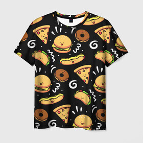 Мужская футболка 3D с принтом Фастфуд в Екатеринбурге, 100% полиэфир | прямой крой, круглый вырез горловины, длина до линии бедер | Тематика изображения на принте: burger | cheese | donut | food | hot dog | pizza | sandwich | бургер | еда | пицца | пончик | сыр | сэндвич | фастфуд | хот дог