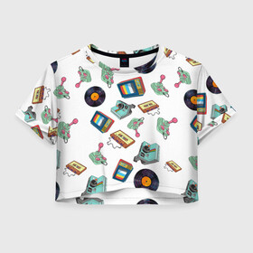 Женская футболка Crop-top 3D с принтом Стиль 80х в Екатеринбурге, 100% полиэстер | круглая горловина, длина футболки до линии талии, рукава с отворотами | 80 | 90 | девяностные | джостик | диск | диски | касета | музыка | палоройд | пластинка | пластинки | тв | телик | фотик