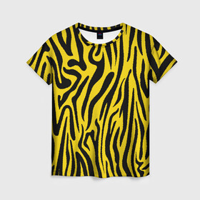 Женская футболка 3D с принтом Тигровые полоски в Екатеринбурге, 100% полиэфир ( синтетическое хлопкоподобное полотно) | прямой крой, круглый вырез горловины, длина до линии бедер | абстракция | зоопринт | орнамент | полоски | полосы | пчелиный | тигровый