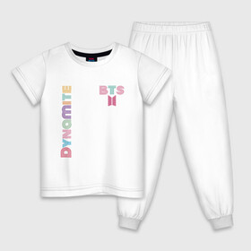 Детская пижама хлопок с принтом Dynamite, BTS, БТС,логотип, в Екатеринбурге, 100% хлопок |  брюки и футболка прямого кроя, без карманов, на брюках мягкая резинка на поясе и по низу штанин
 | Тематика изображения на принте: bangtan | bts | dynamite | бангтан | белая | бтс | логотип | черная