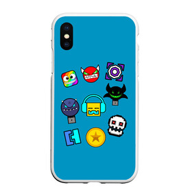 Чехол для iPhone XS Max матовый с принтом Geometry Dash Icons в Екатеринбурге, Силикон | Область печати: задняя сторона чехла, без боковых панелей | Тематика изображения на принте: 2d | dash | demon | demons | devil | game | games | geometry | pixel | pixels | skull | smile | геометрия | демон | дьявол | игра | пикслели | платформер | смайл | смайлик | улыбка | череп