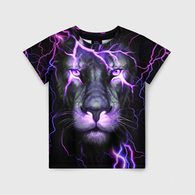 Детская футболка 3D с принтом НЕОНОВЫЙ ЛЕВ  NEON LION в Екатеринбурге, 100% гипоаллергенный полиэфир | прямой крой, круглый вырез горловины, длина до линии бедер, чуть спущенное плечо, ткань немного тянется | lion | neon | голова | гроза | дикая кошка | животные | кот | кошка | лев | молния | неон | тигр | хищник