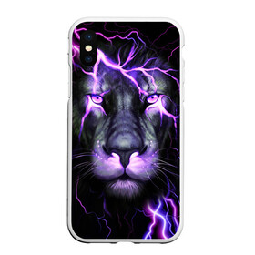 Чехол для iPhone XS Max матовый с принтом НЕОНОВЫЙ ЛЕВ  NEON LION в Екатеринбурге, Силикон | Область печати: задняя сторона чехла, без боковых панелей | lion | neon | голова | гроза | дикая кошка | животные | кот | кошка | лев | молния | неон | тигр | хищник